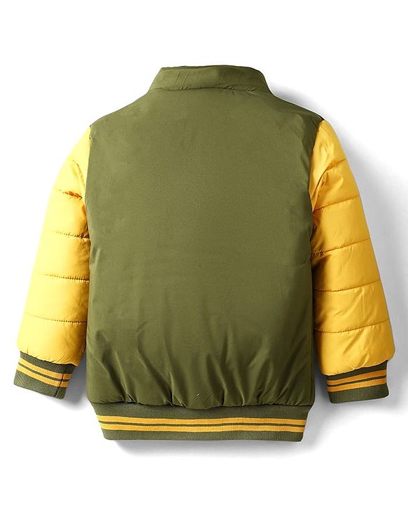 Babyhug Woven Full Sleeves Hooded Padded Jacket With Text Embroidery - Olive Green & Yellow