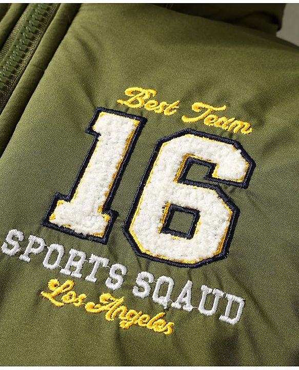 Babyhug Woven Full Sleeves Hooded Padded Jacket With Text Embroidery - Olive Green & Yellow