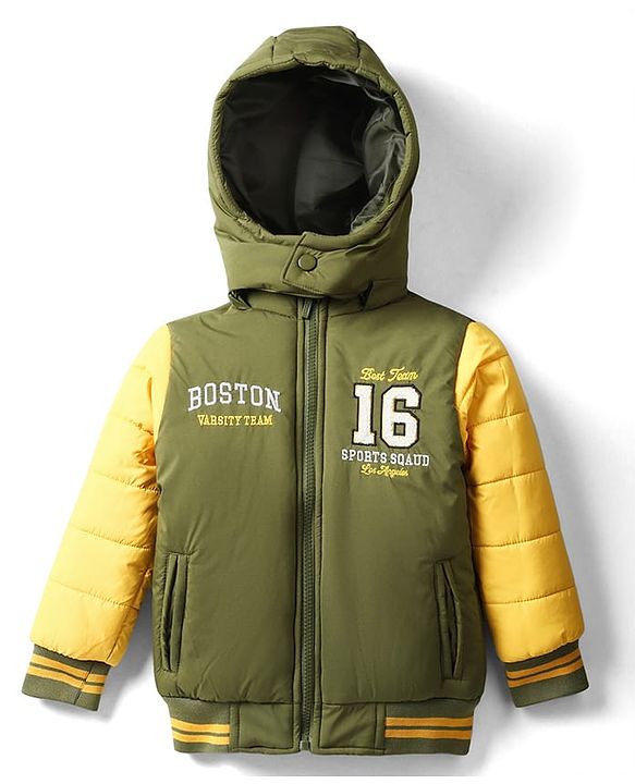 Babyhug Woven Full Sleeves Hooded Padded Jacket With Text Embroidery - Olive Green & Yellow