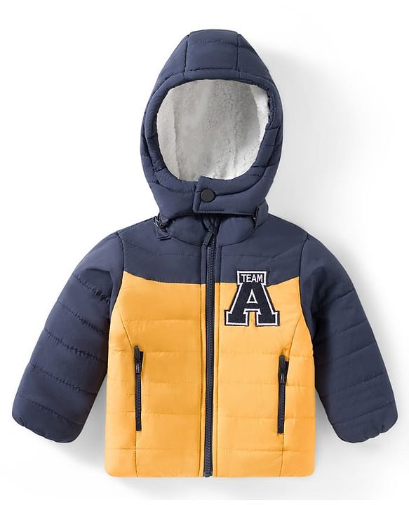 Babyhug Woven Full Sleeves Padded Jacket with Detachable Hood & Color Block Design - Navy Blue & Yellow