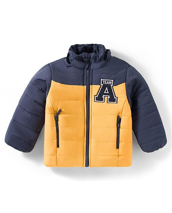 Babyhug Woven Full Sleeves Padded Jacket with Detachable Hood & Color Block Design - Navy Blue & Yellow