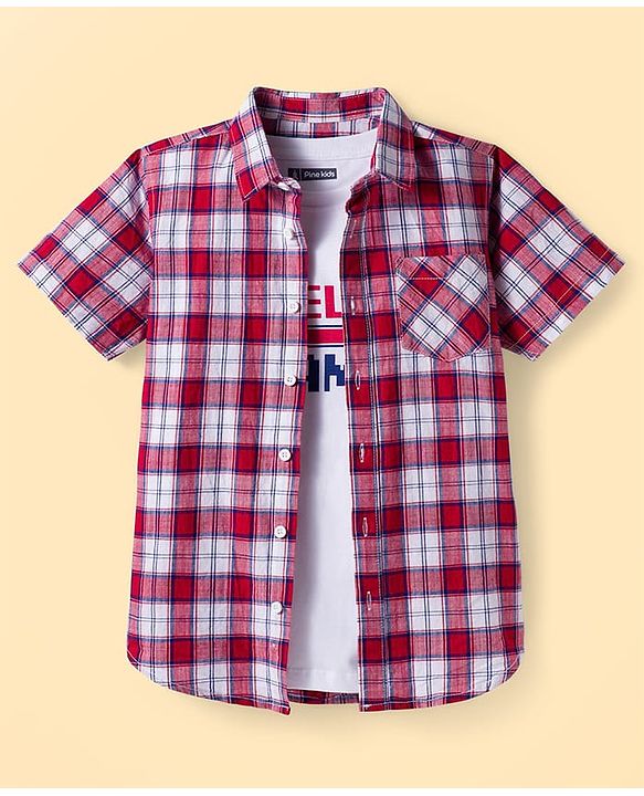 Pine Kids Cotton Woven Half Sleeves Checks Shirt With T-Shirt - Multicolour
