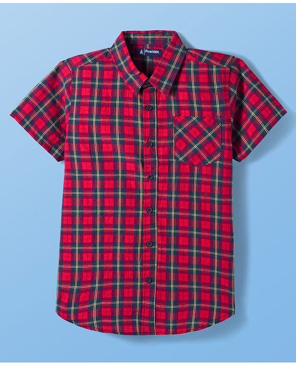 Pine Kids Cotton Woven Half Sleeves Checkered Shirt With T-Shirt - Red
