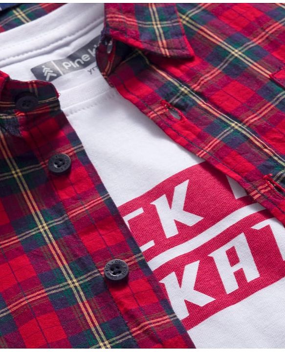 Pine Kids Cotton Woven Half Sleeves Checkered Shirt With T-Shirt - Red