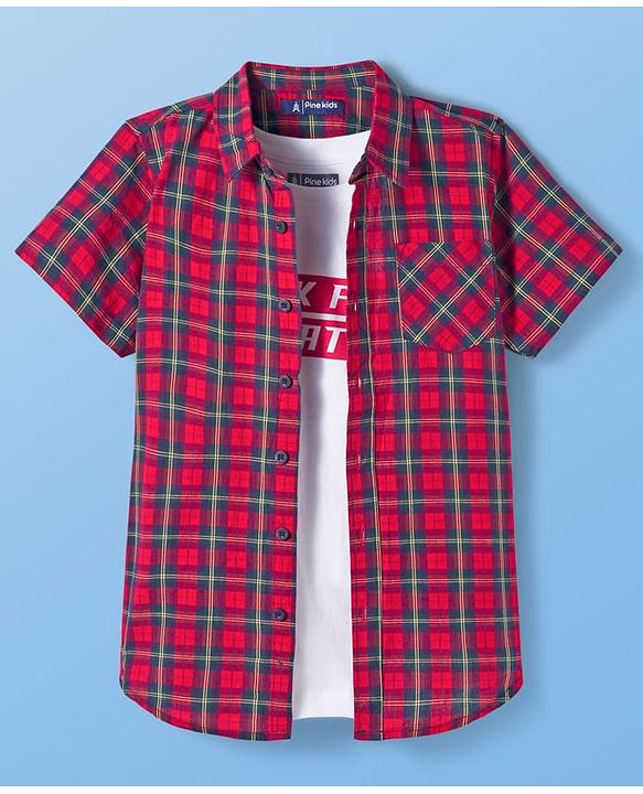Pine Kids Cotton Woven Half Sleeves Checkered Shirt With T-Shirt - Red