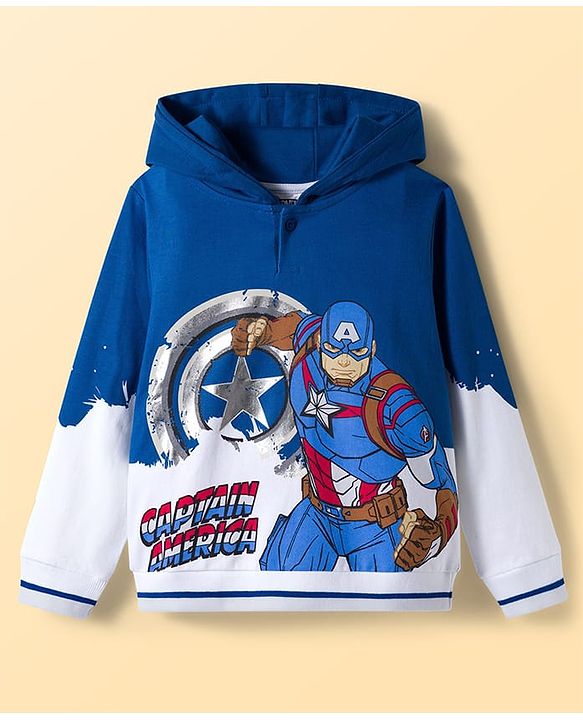 Pine Kids Marvel Fleece Knit Full Sleeves Hooded Sweatshirt With Captain America Graphics & Foil Print Detailing - Blue & White