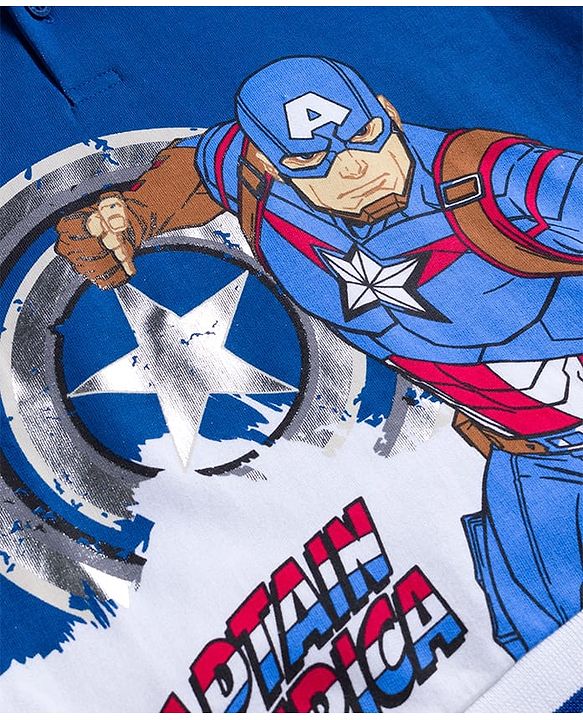 Pine Kids Marvel Fleece Knit Full Sleeves Hooded Sweatshirt With Captain America Graphics & Foil Print Detailing - Blue & White