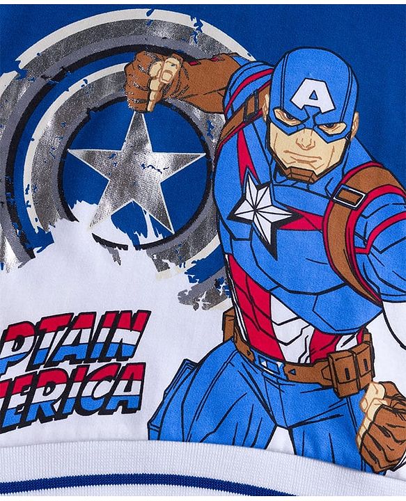Pine Kids Marvel Fleece Knit Full Sleeves Hooded Sweatshirt With Captain America Graphics & Foil Print Detailing - Blue & White