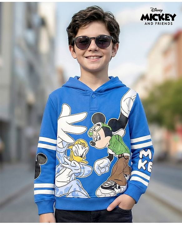 Pine Kids Disney Terry Knit Drop Shoulder Full Sleeves Oversized Hooded Sweatshirt With Mickey & Friends Graphics - Blue