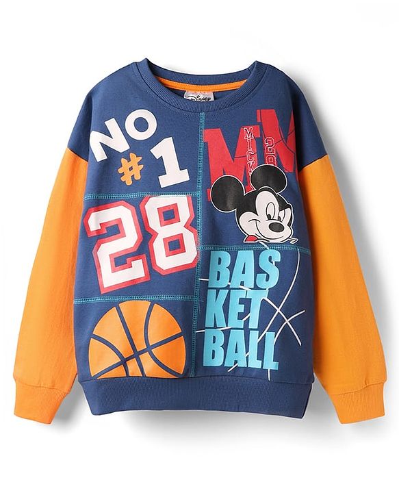 Pine Kids Disney Terry Knit Drop Shoulder Full Sleeves Oversized Sweatshirt With Mickey & Friends Graphics & Thread Overlock Detailing - Navy Blue