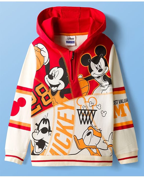 Pine Kids Disney Fleece Knit Full Sleeves Hooded Sweatshirt With Mickey & Friends Graphics & Thread Overlock Detailing - Multicolor