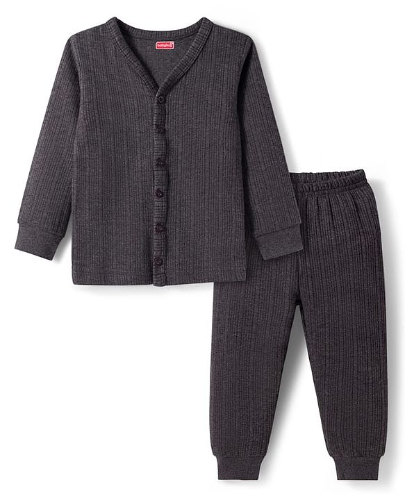 Babyhug Knit Full Sleeves Solid Colour Thermal Inner Wear Set - Charcoal Grey