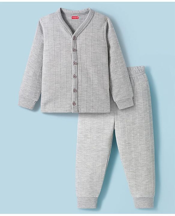 Babyhug Knit Full Sleeves Solid Color Thermal Vest & Pant Set - Light Grey