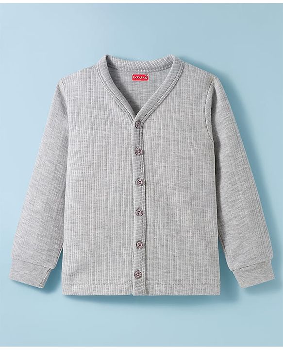Babyhug Knit Full Sleeves Solid Color Thermal Vest & Pant Set - Light Grey