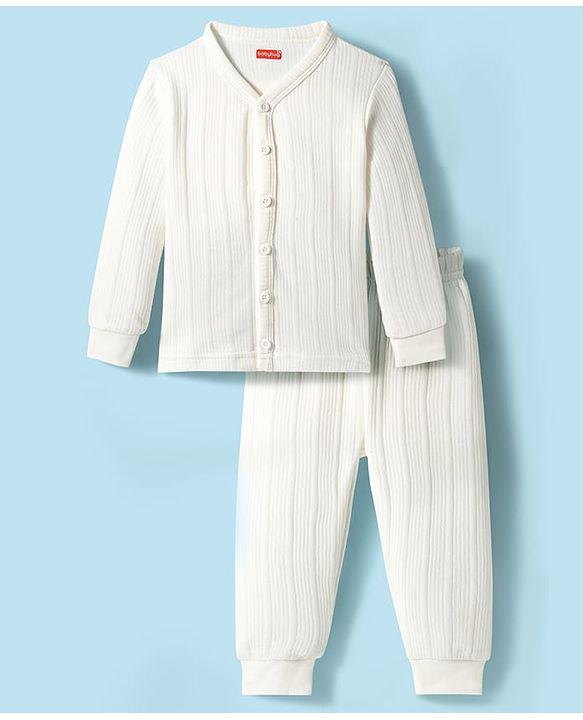 Babyhug Knit Full Sleeves Solid Color Thermal Vest & Pant Set - Off White