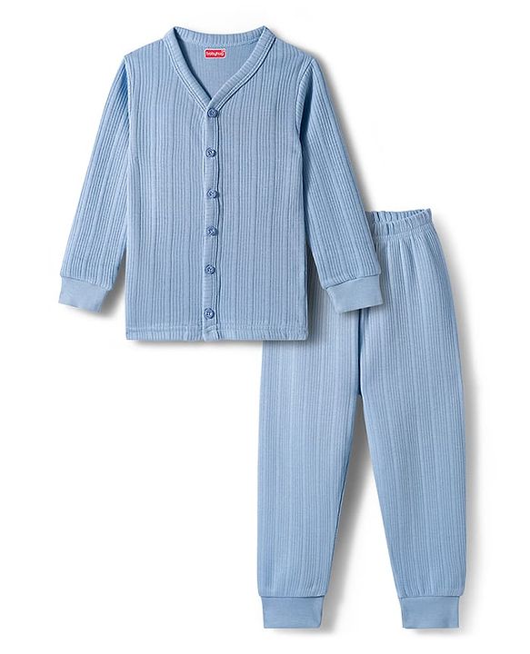 Babyhug Knit Full Sleeves Solid Thermal Set - Light Blue