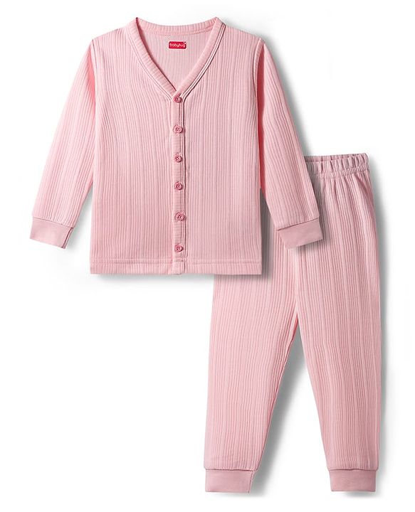 Babyhug Knit Full Sleeves Solid Thermal Set - Pink