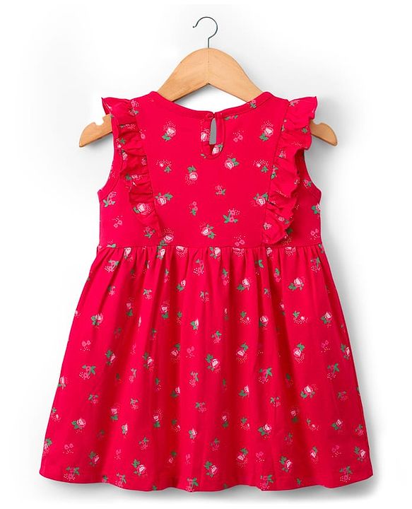 Babyhug Single Jersey Knit Frill Sleeves Frock with Floral Print & Bow Applique - Red