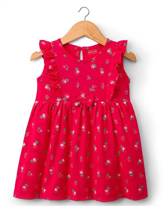 Babyhug Single Jersey Knit Frill Sleeves Frock with Floral Print & Bow Applique - Red