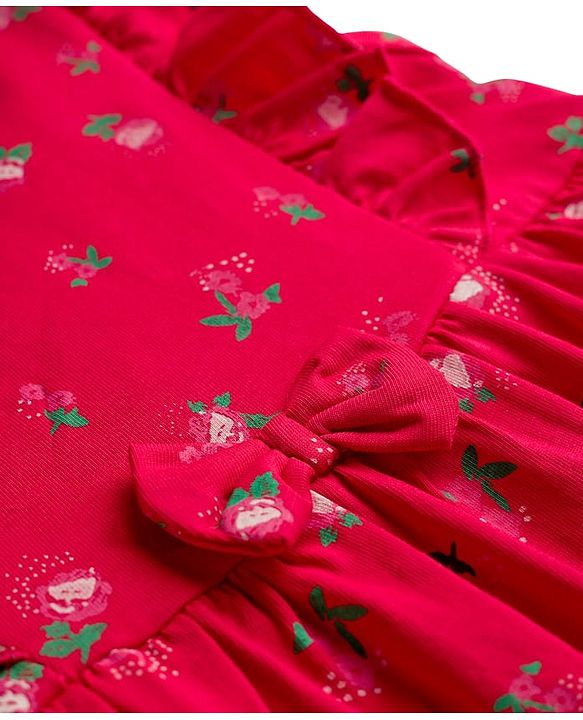 Babyhug Single Jersey Knit Frill Sleeves Frock with Floral Print & Bow Applique - Red
