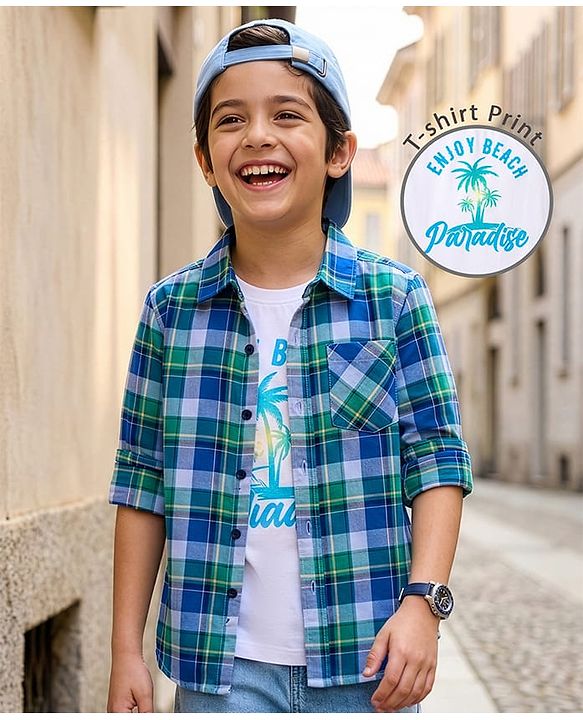 Pine Kids Cotton Woven Full Sleeves Checks Shirt With Printed T-Shirt - Navy Blue