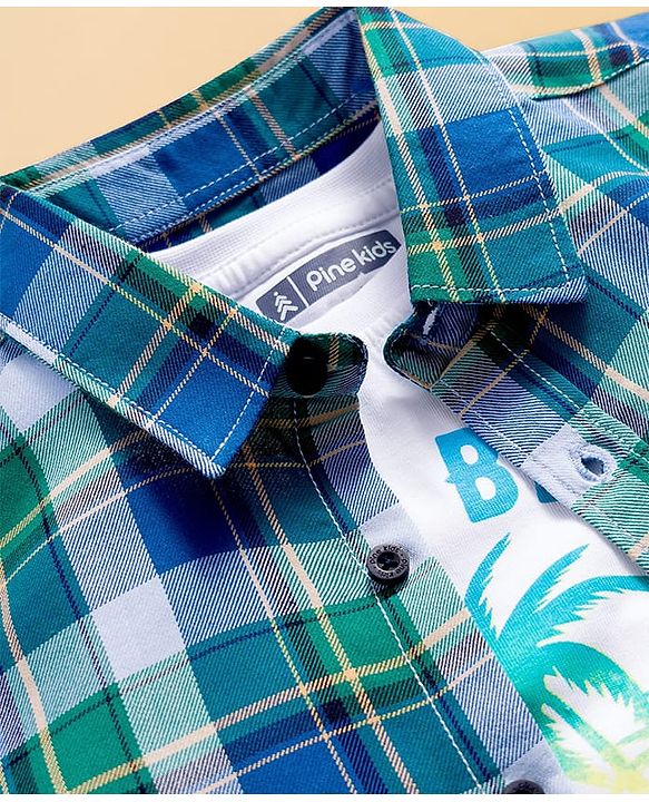 Pine Kids Cotton Woven Full Sleeves Checks Shirt With Printed T-Shirt - Navy Blue