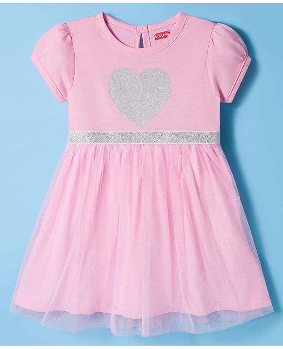 Babyhug Single Jersey Knit Half Sleeves Fit & Flare Frock with Heart Print - Pink