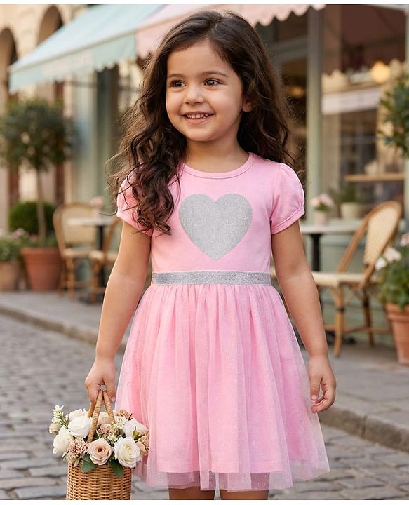 Babyhug Single Jersey Knit Half Sleeves Fit & Flare Frock with Heart Print - Pink