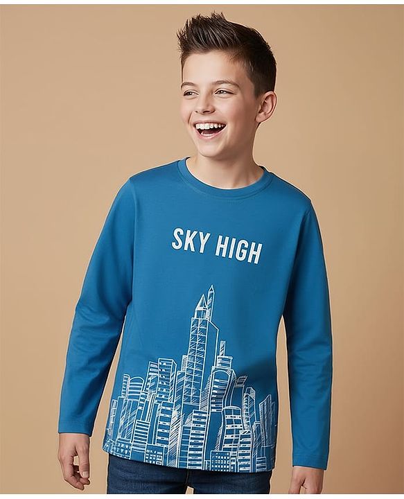 Pine Kids Cotton Knit Full Sleeves T-Shirt With Sky High Text Print - Blue