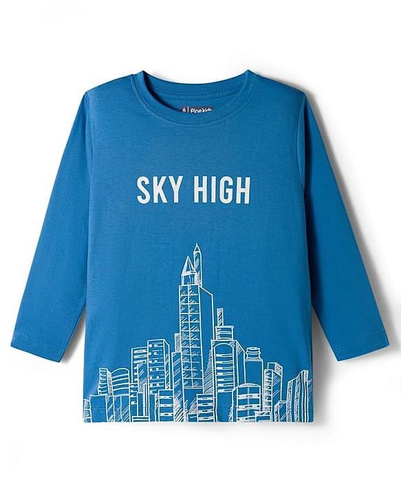 Pine Kids Cotton Knit Full Sleeves T-Shirt With Sky High Text Print - Blue