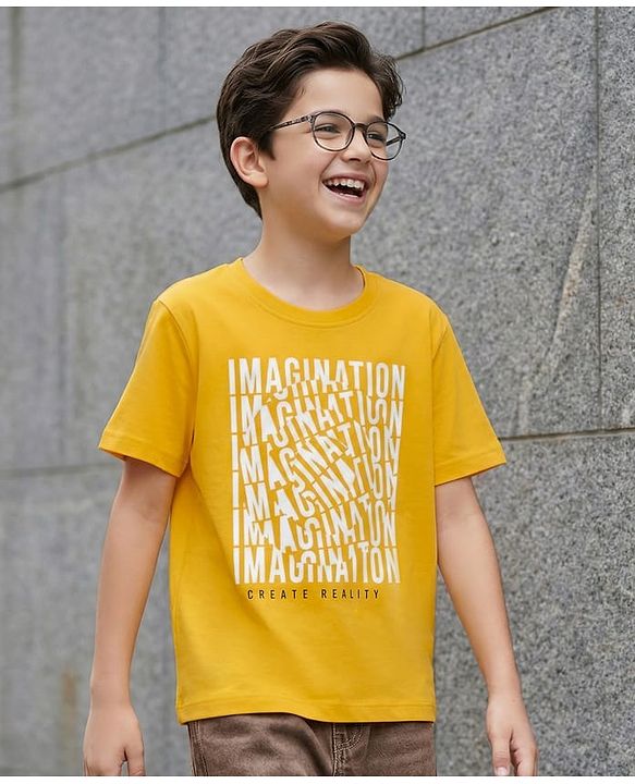 Pine Kids Cotton Knit Half Sleeves T-Shirt With Imagination Text Print - Golden