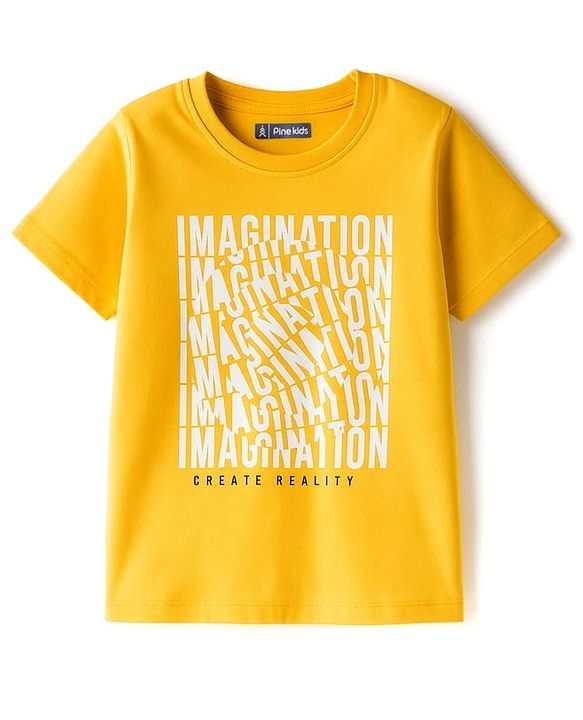 Pine Kids Cotton Knit Half Sleeves T-Shirt With Imagination Text Print - Golden