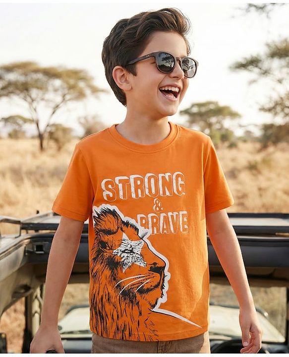 Pine Kids Cotton Knit Half Sleeves T-Shirt With Animal & Strong & Brave Text Print - Orange