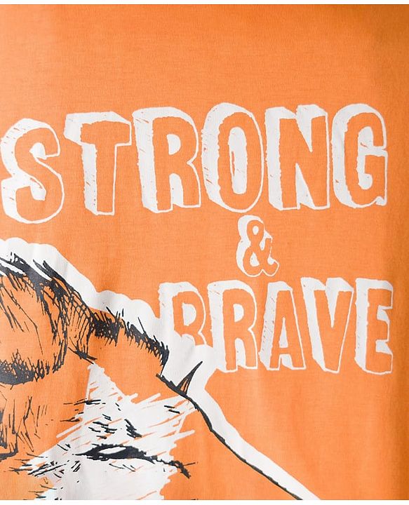 Pine Kids Cotton Knit Half Sleeves T-Shirt With Animal & Strong & Brave Text Print - Orange