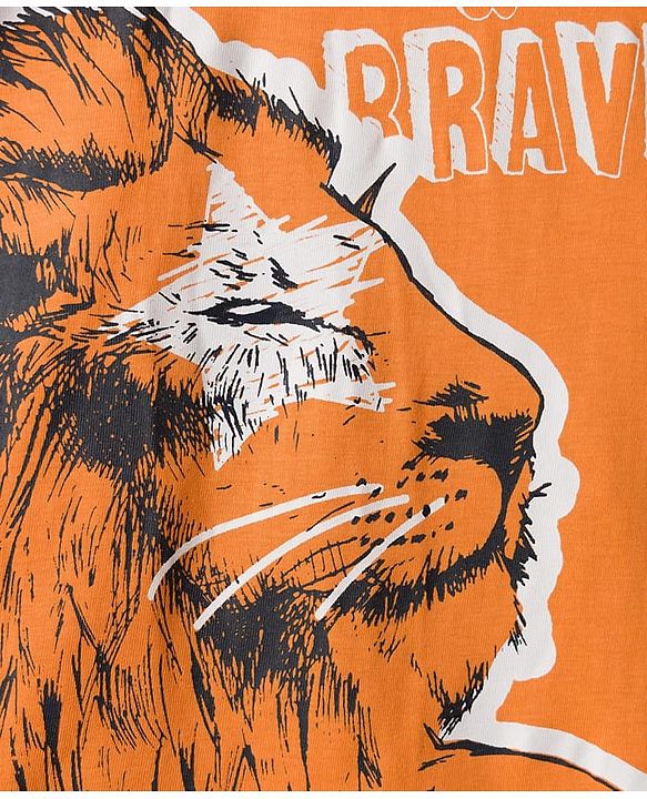 Pine Kids Cotton Knit Half Sleeves T-Shirt With Animal & Strong & Brave Text Print - Orange