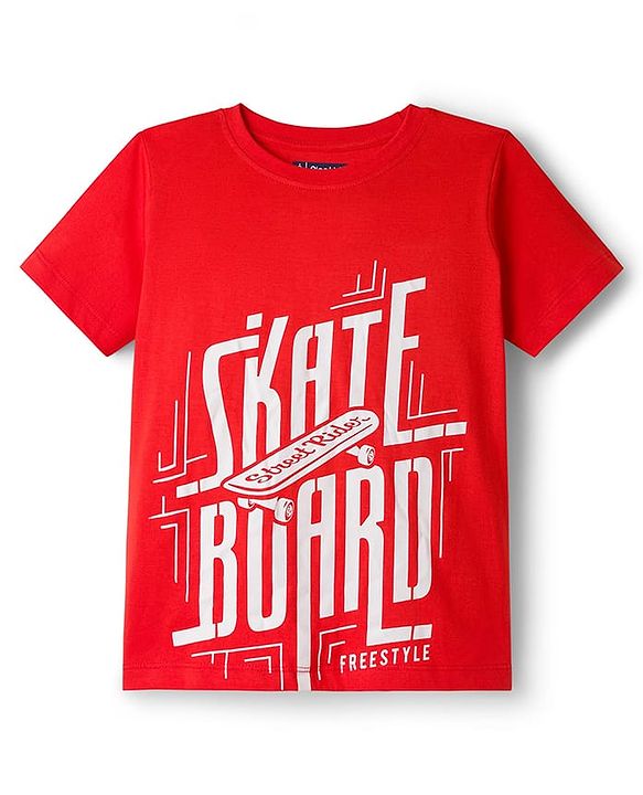 Pine Kids Cotton Knit Half Sleeves T-Shirt with Skating Graphic - Red