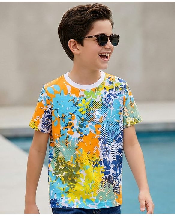 Pine Kids Cotton Knit Half Sleeves T-Shirt with Abstract Print - Multicolor
