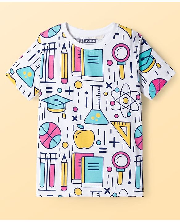 Pine Kids Cotton Knit Half Sleeves T-Shirt with Print - White