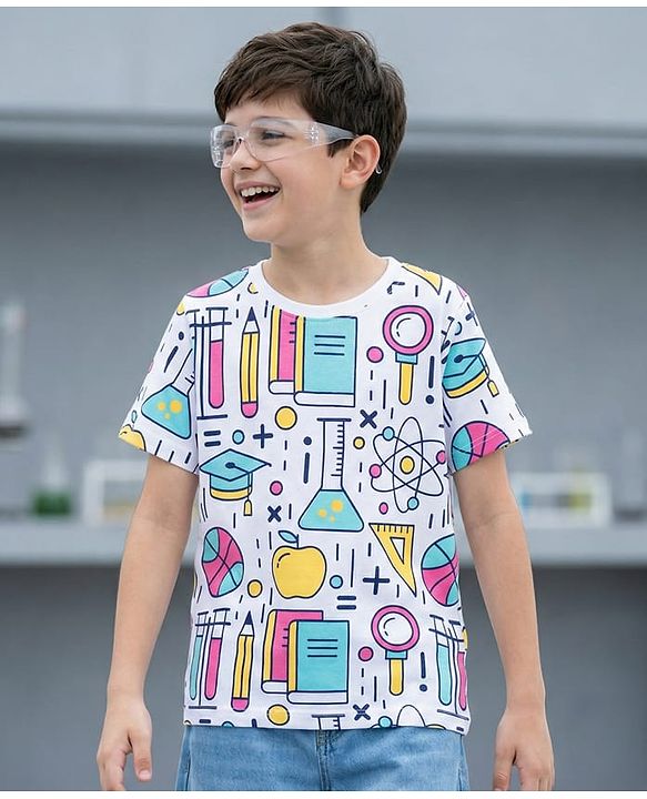 Pine Kids Cotton Knit Half Sleeves T-Shirt with Print - White