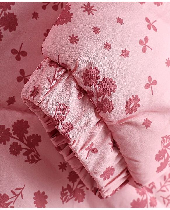 Babyhug Woven Full Sleeves Hooded Winter Quilted Romper With Fleece Inner Lining & Floral Print - Pink