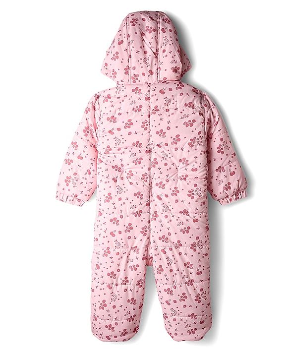 Babyhug Woven Full Sleeves Hooded Winter Quilted Romper With Fleece Inner Lining & Floral Print - Pink