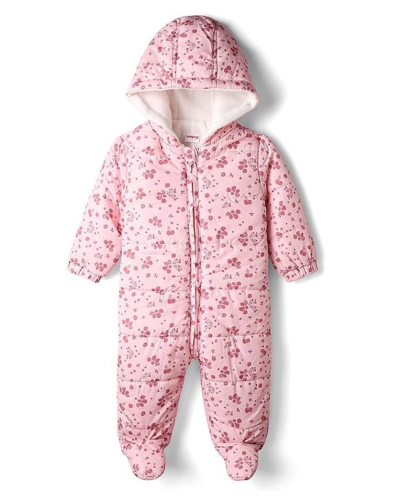 Babyhug Woven Full Sleeves Hooded Winter Quilted Romper With Fleece Inner Lining & Floral Print - Pink