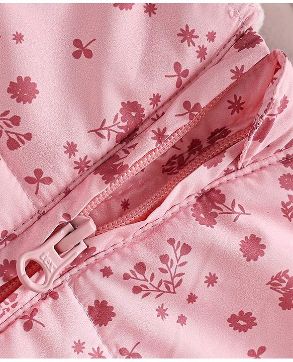 Babyhug Woven Full Sleeves Hooded Winter Quilted Romper With Fleece Inner Lining & Floral Print - Pink