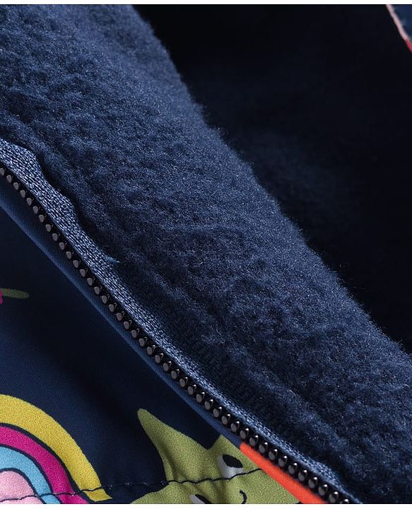Babyhug Woven Full Sleeves Footed & Hooded Winter Wear Quilted Romper With Fleece Inner Lining & Floral Print - Navy Blue