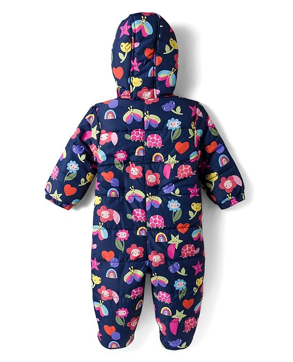 Babyhug Woven Full Sleeves Footed & Hooded Winter Wear Quilted Romper With Fleece Inner Lining & Floral Print - Navy Blue