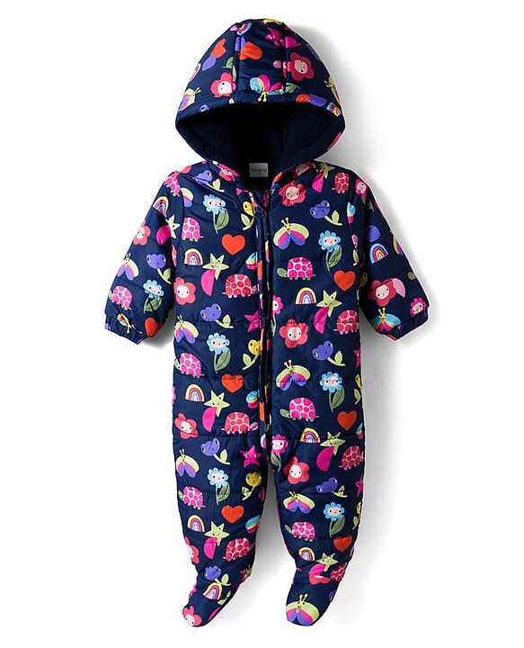 Babyhug Woven Full Sleeves Footed & Hooded Winter Wear Quilted Romper With Fleece Inner Lining & Floral Print - Navy Blue