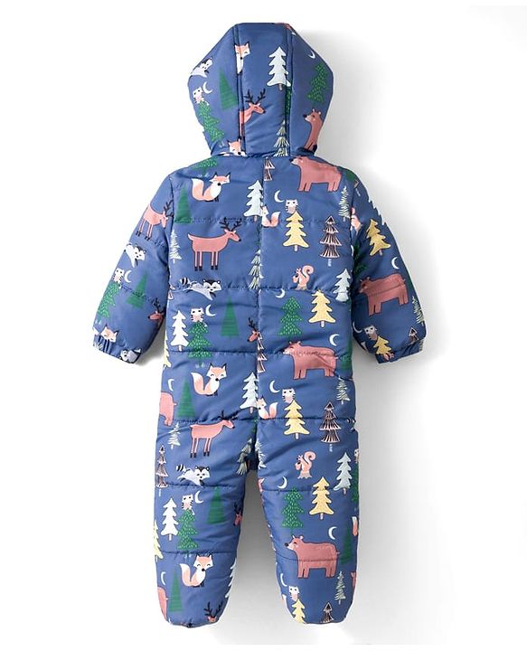 Babyhug Woven Full Sleeves Winter Wear Footed & Hooded Quilted Romper With Fleece Inner Lining & Animal Print - Blue