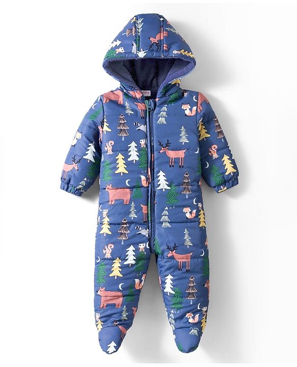 Babyhug Woven Full Sleeves Winter Wear Footed & Hooded Quilted Romper With Fleece Inner Lining & Animal Print - Blue