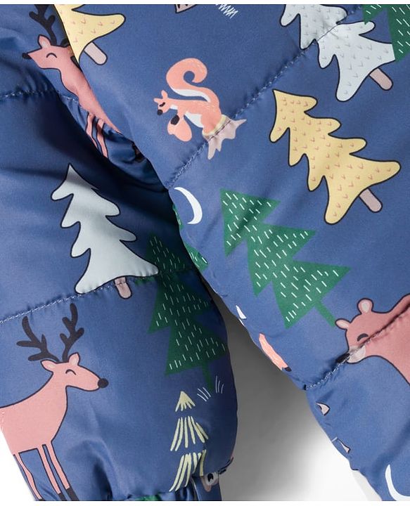 Babyhug Woven Full Sleeves Winter Wear Footed & Hooded Quilted Romper With Fleece Inner Lining & Animal Print - Blue