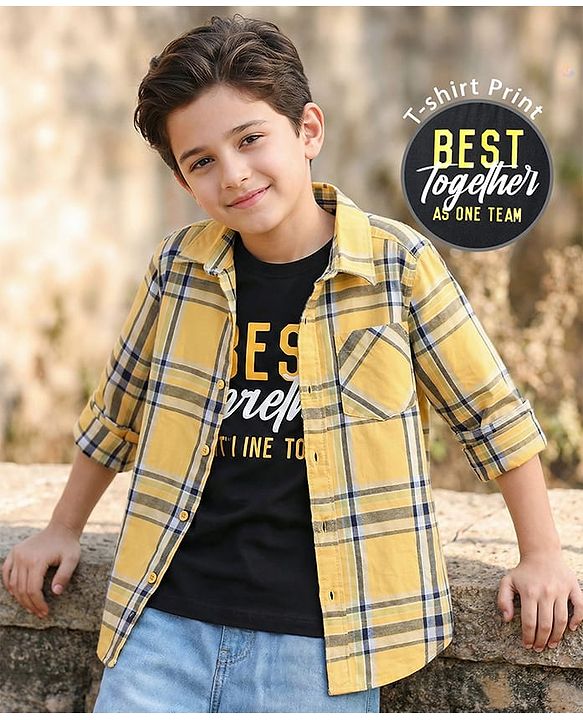 Pine Kids Cotton Woven Full Sleeves Checkered Shirt With T-Shirt - Yellow